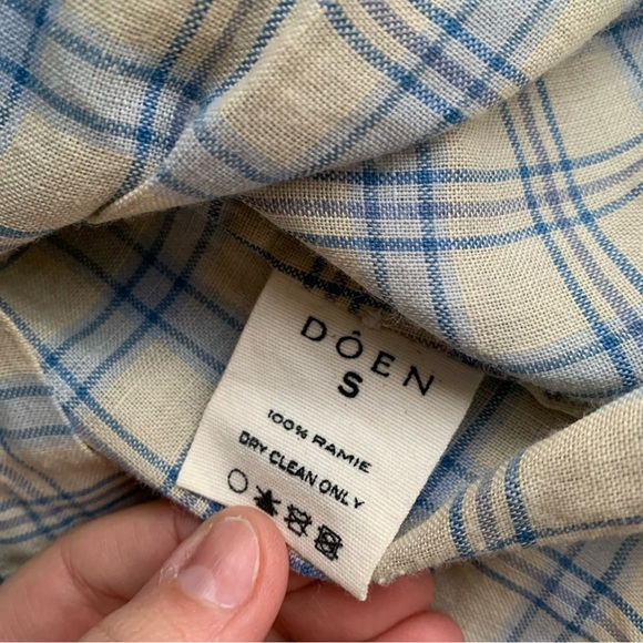 NWT Doen Sparrow Ramie Ruffle Collar Button Crop Top Meadowlark Plaid Blue - Picture 10 of 12